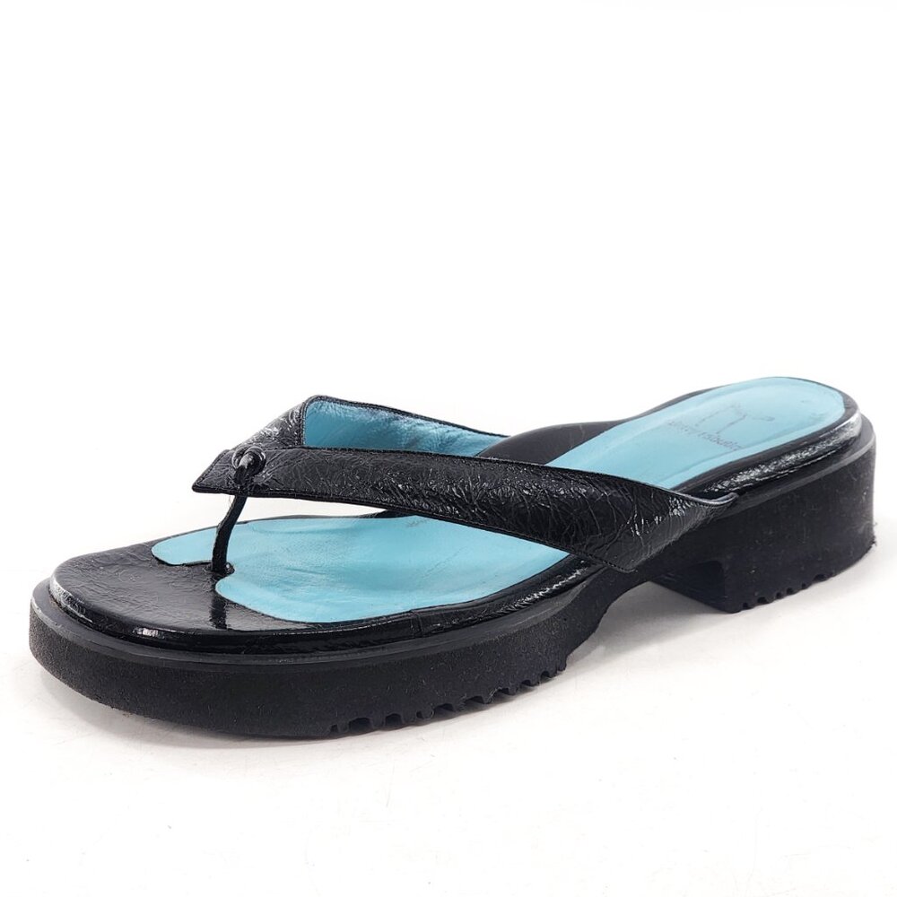 THIERRY RABOTIN Black Leather Platform Thong Slide Sandals‎
